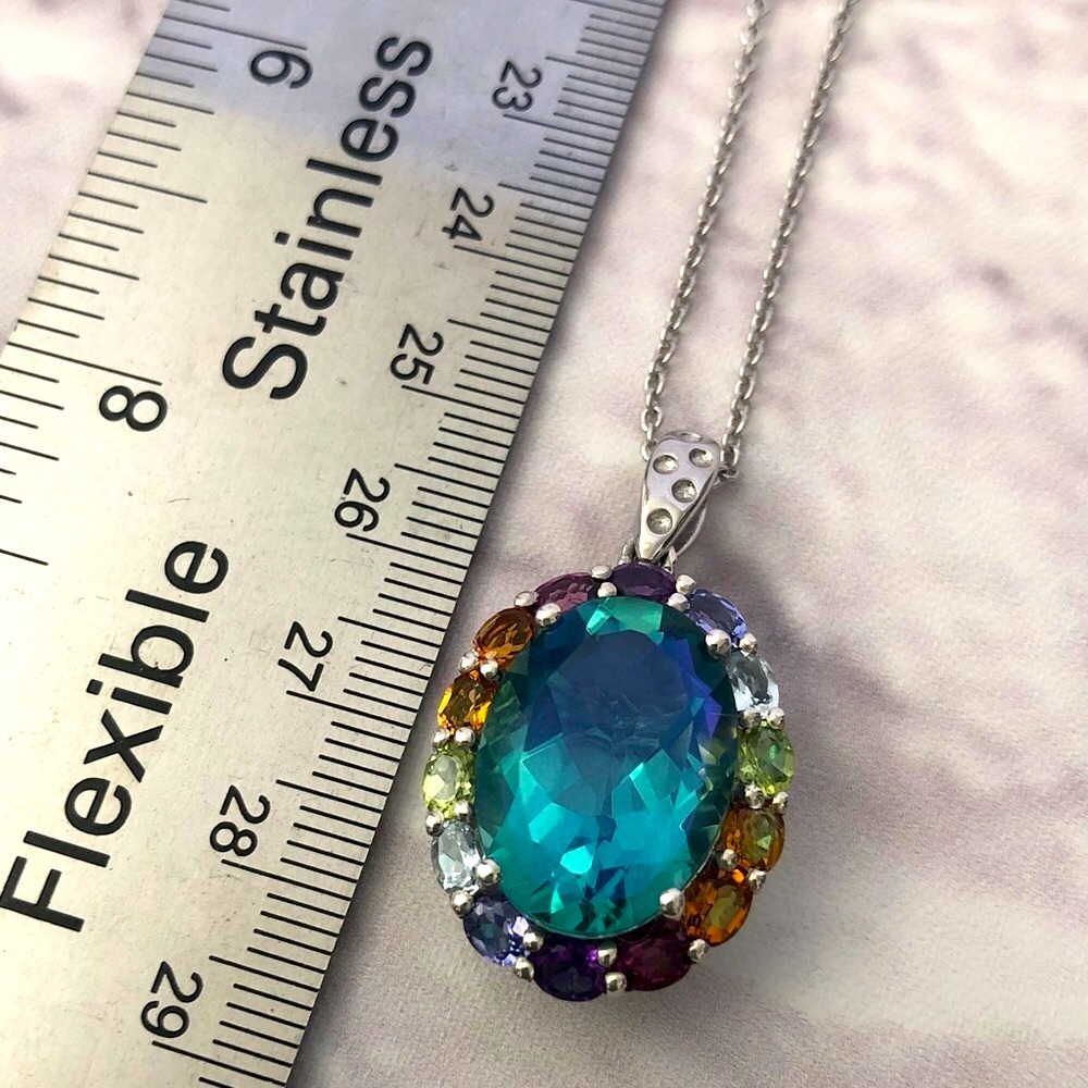 925 Sterling Silver Rainbow CZ Gemstone Pendant with 925 Chain 25” both 8.51g - Picture 3 of 10